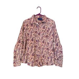 Basic Editions Paisley Corduroy Button Up Women's Large 100% Cotton Peach Floral